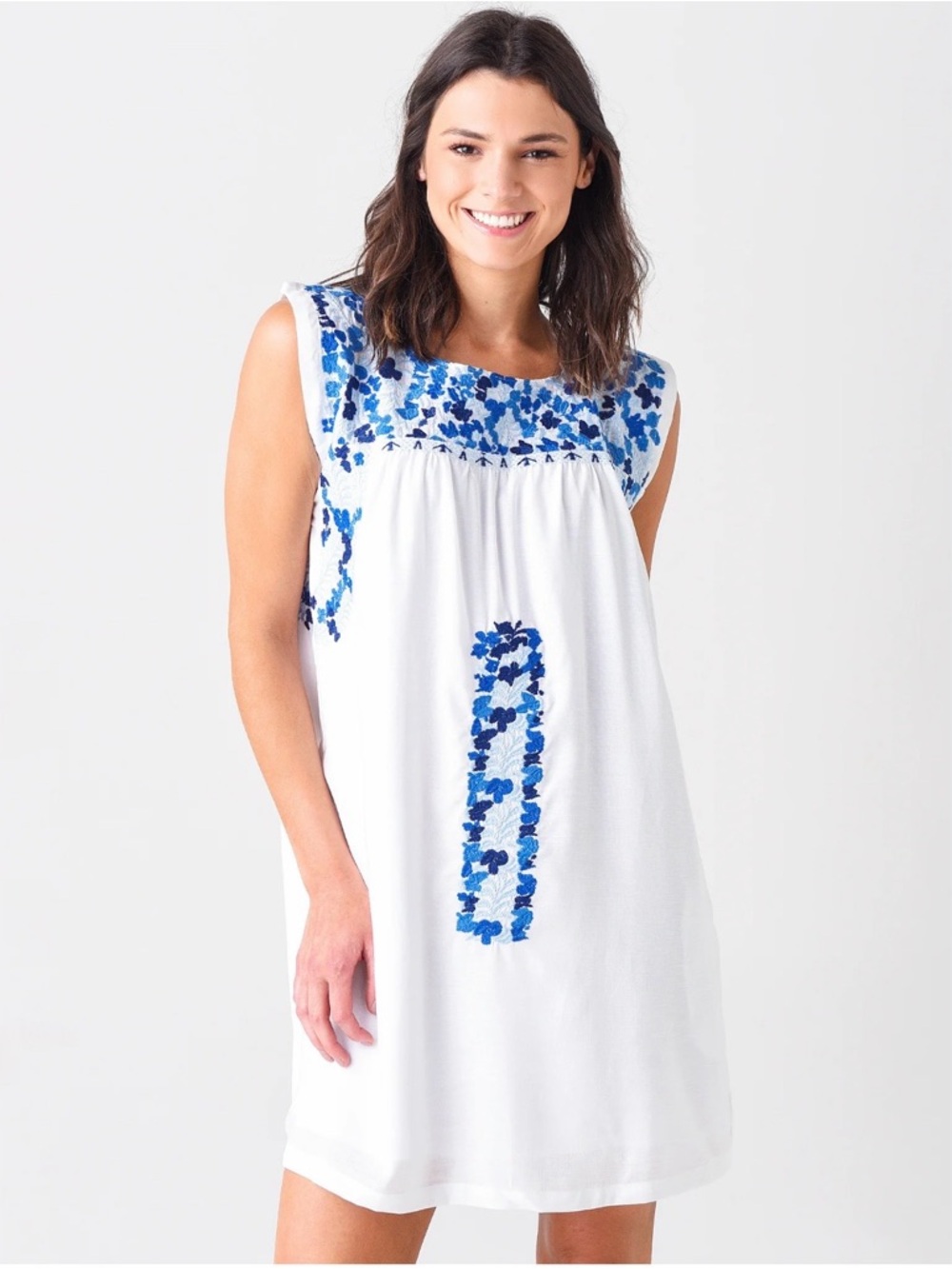 White Embroidered Sleeveless Shift Dress - Blue Floral Detail